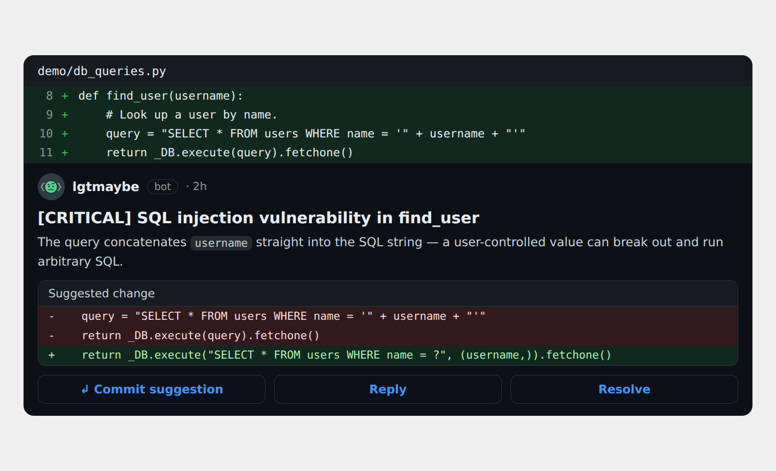 An inline lgtmaybe review comment flagging a [CRITICAL] SQL injection vulnerability, with an explanation and a committable parameterized-query suggestion